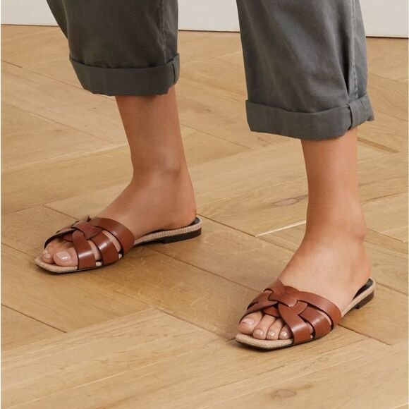 Saint Laurent Nu Pieds Tribute Slide Sandal Brown Leather & Canvas Size 36.5 - Picture 1 of 5